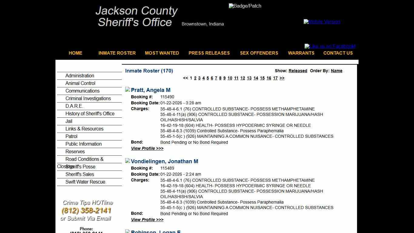 Inmate Roster - Current Inmates Booking Date Descending - Jackson County IN Sheriff